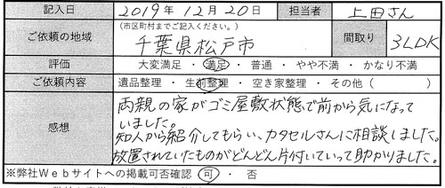 両親の家がゴミ屋敷状態で前から気になっていました。知人から紹介してもらい、カタセルさんに相談しました。放置されていたものがどんどん片付いていって助かりました。