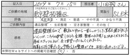 遺品整理なので、数社の中らか一番しっかりした業者を選びました。<br>いくつか、こちらの要望(日にち・金額・整理の仕方等)を決めておきました。専任のスタッフの方が、全て要望に応えてくれました。<br>作業もとても丁寧でした。予想以上の整理ができ、本当に良かったです。